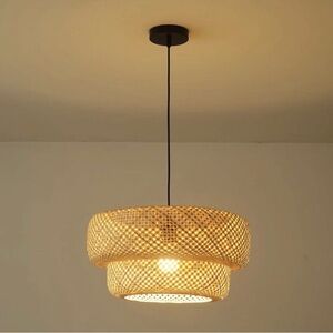 Natural Bamboo Woven Pendant Lamp Shade – 13.7” Farmhouse Rattan Light Cover